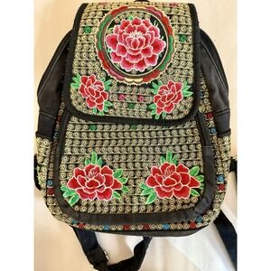 Backpack Purse Embroidered Gold Floral Multicolor Boho Lotus Flowers